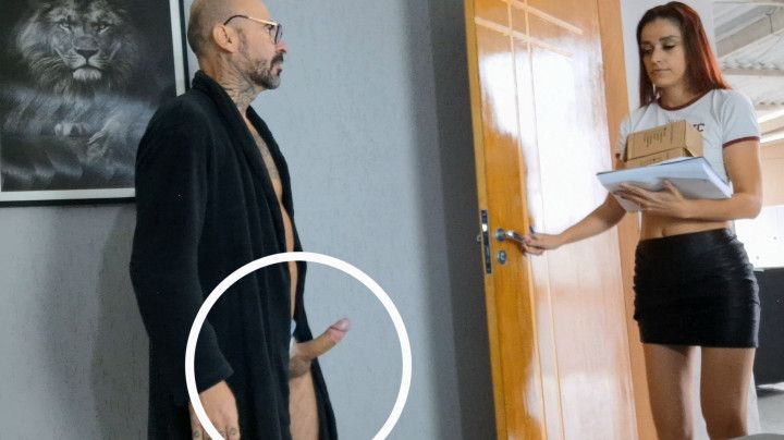 Perverted old man received delivery girl with his dick out
