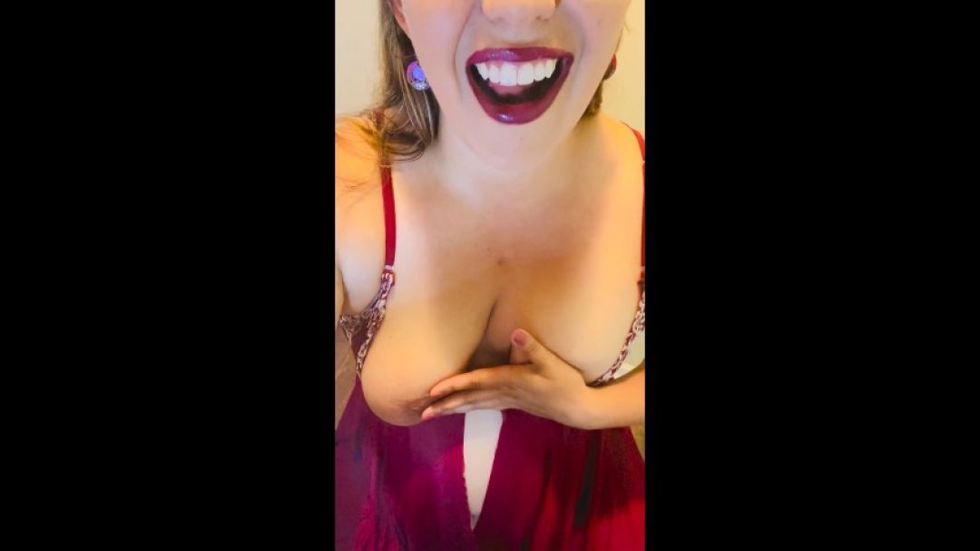Sexy Red Lips around Cigarette , Playing with Natural Tits