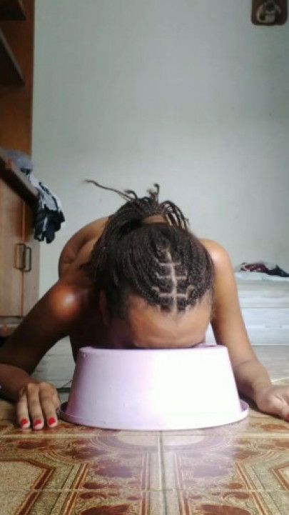 Submissive eating breakfast like a pet