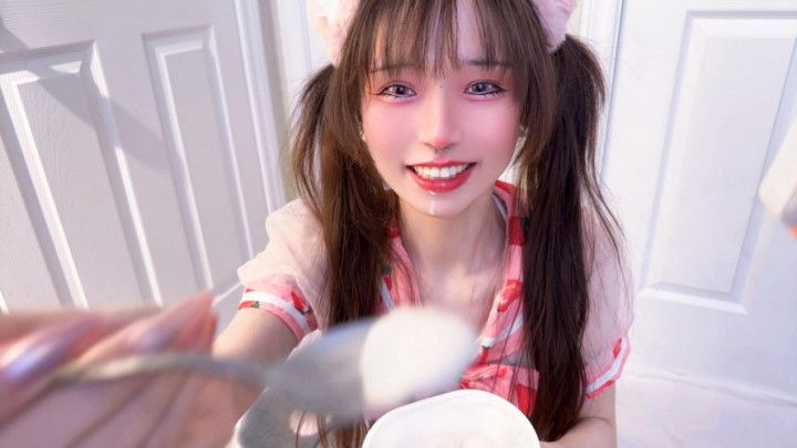 SFW* Cute kitty sissy femboy naughtily eating yogurt  -Part1