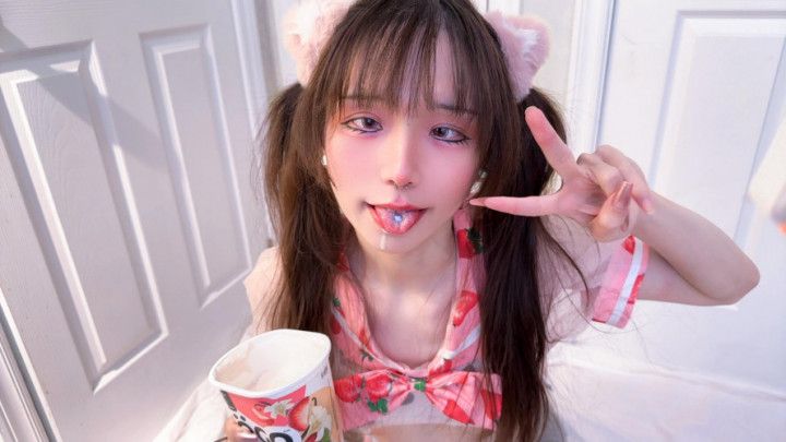 SFW* Cute kitty sissy naughtily eating yogurt ahegao  -Part2