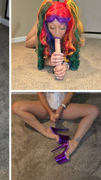 Playing with my dildo in rainbow wig and lingeri