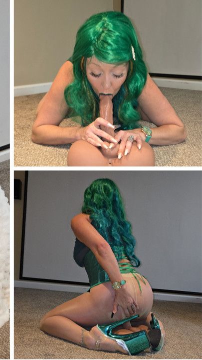 Playing with my dildo in green lingeri