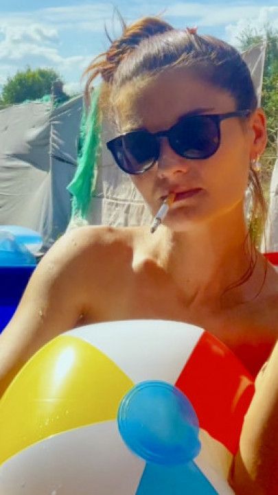 Wet Bikini Smoking in Pool - See-Through Tease to Full Nude