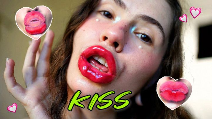 Wet red sticky lipgloss kiss