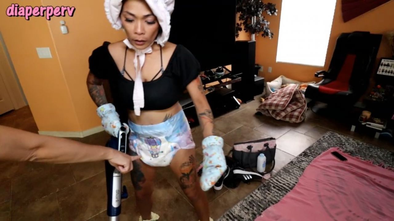 Loosey Lu diapered and doing chores diaper checks