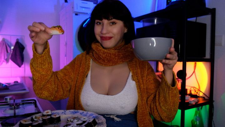 5-Sushi mukbang. Wasabi and soy sauce