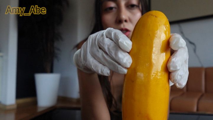 Amy Cucumber Handjob performance with latex gloves